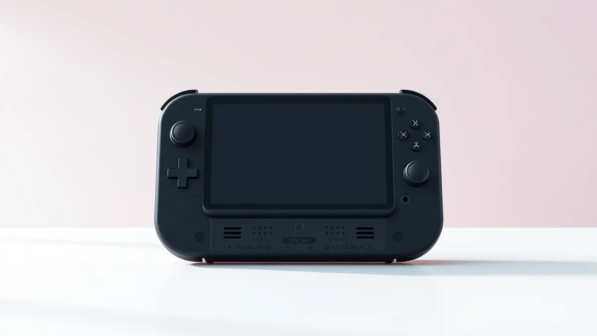 Illustration: A sleek black handheld gaming device rests on a clean white surface.