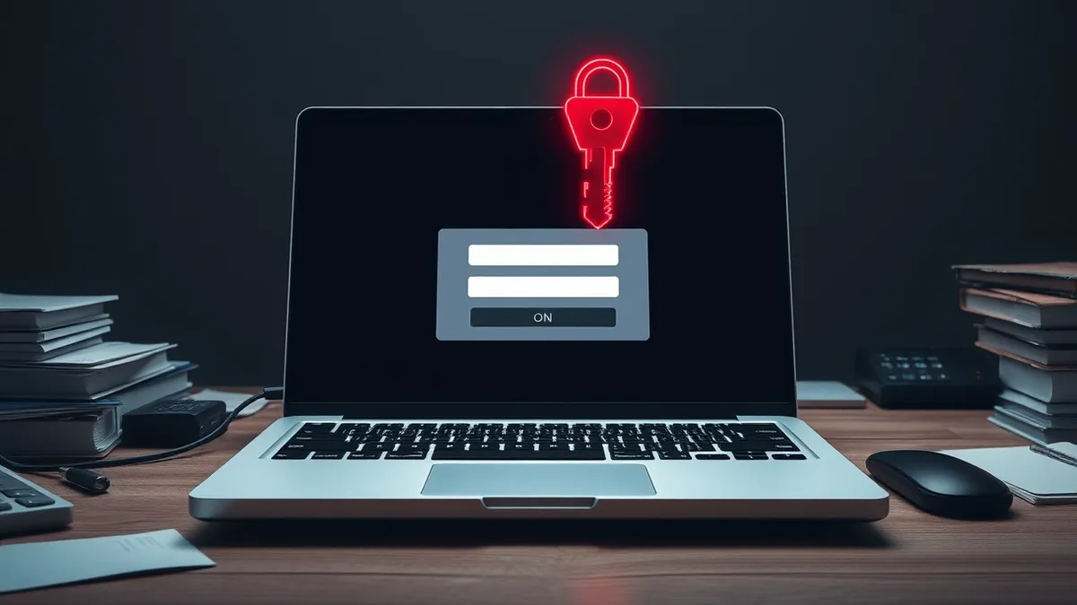 Illustration: A silver laptop sits open on a cluttered wooden desk, displaying a blank dark login screen with two empty input fields.