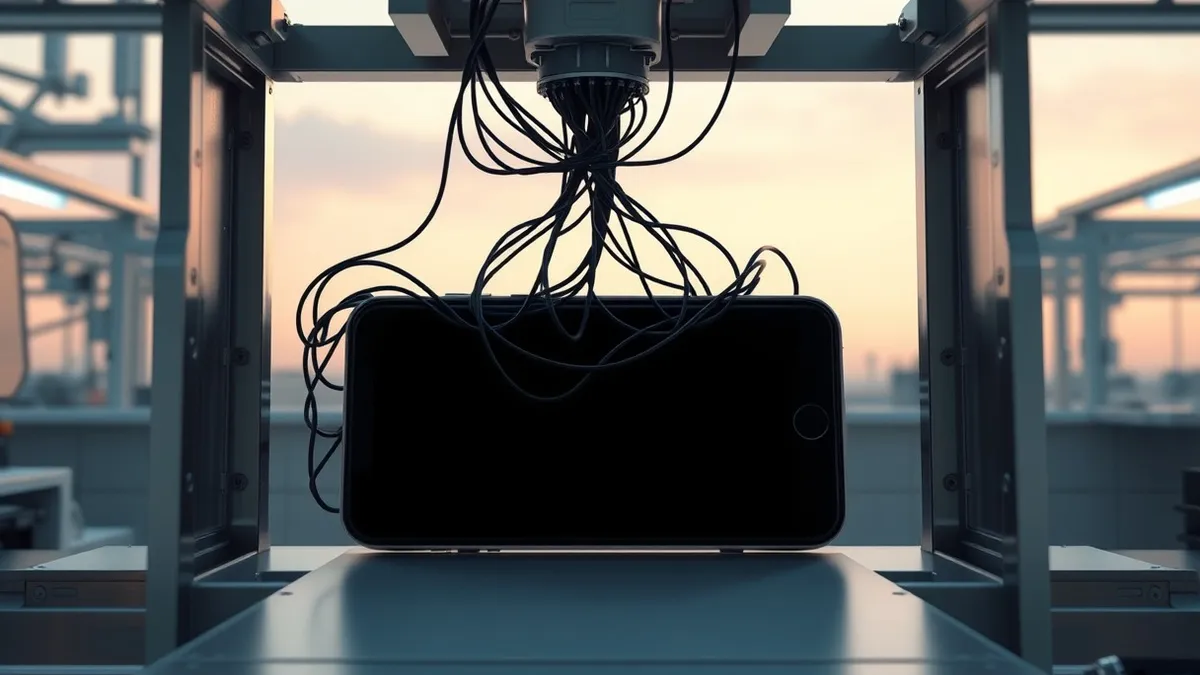 Illustration: A sealed smartphone lies inside an open factory assembly box.