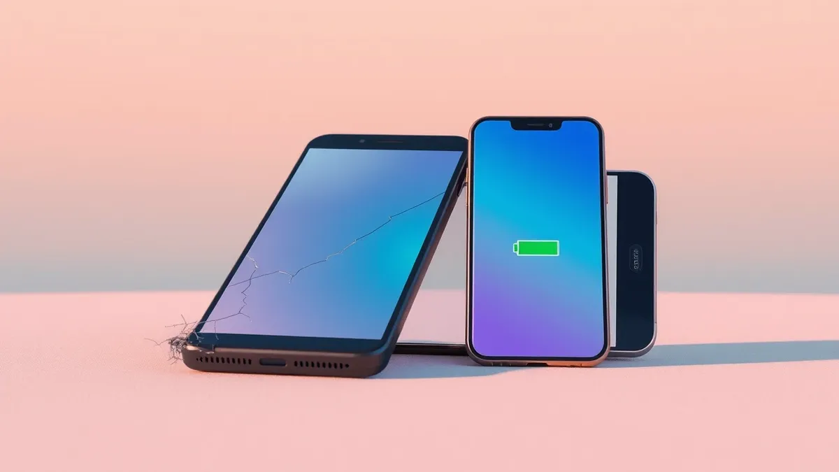 Illustration: A cracked, faded budget smartphone sits discarded beside a pristine, sleek older flagship device.