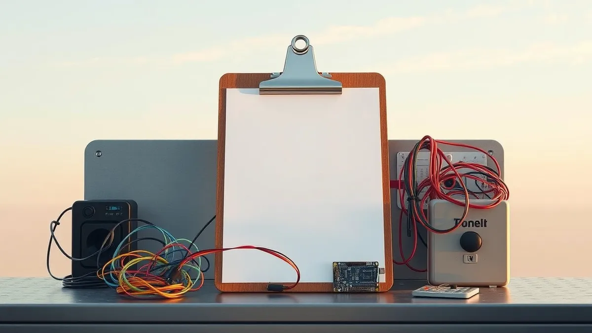 Illustration: A wooden clipboard rests on a metal workbench, holding a blank white sheet of paper.