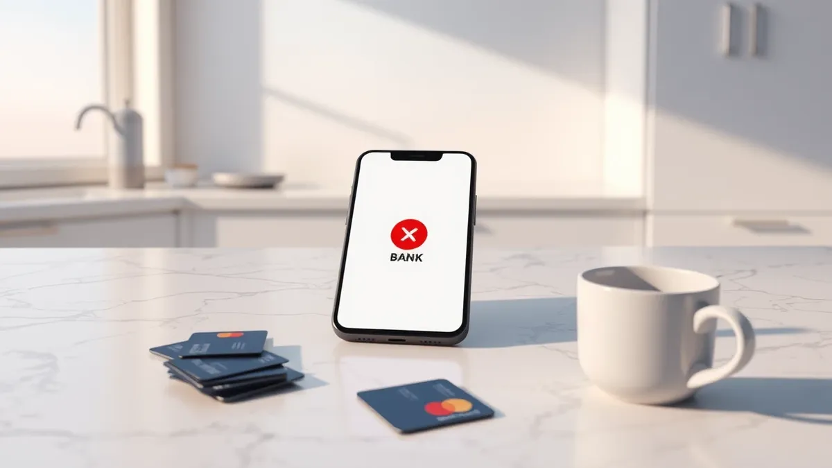 Illustration: A smartphone rests on a marble kitchen counter, its screen displaying a generic banking interface with a red error icon and a crossed-out payment symbol.