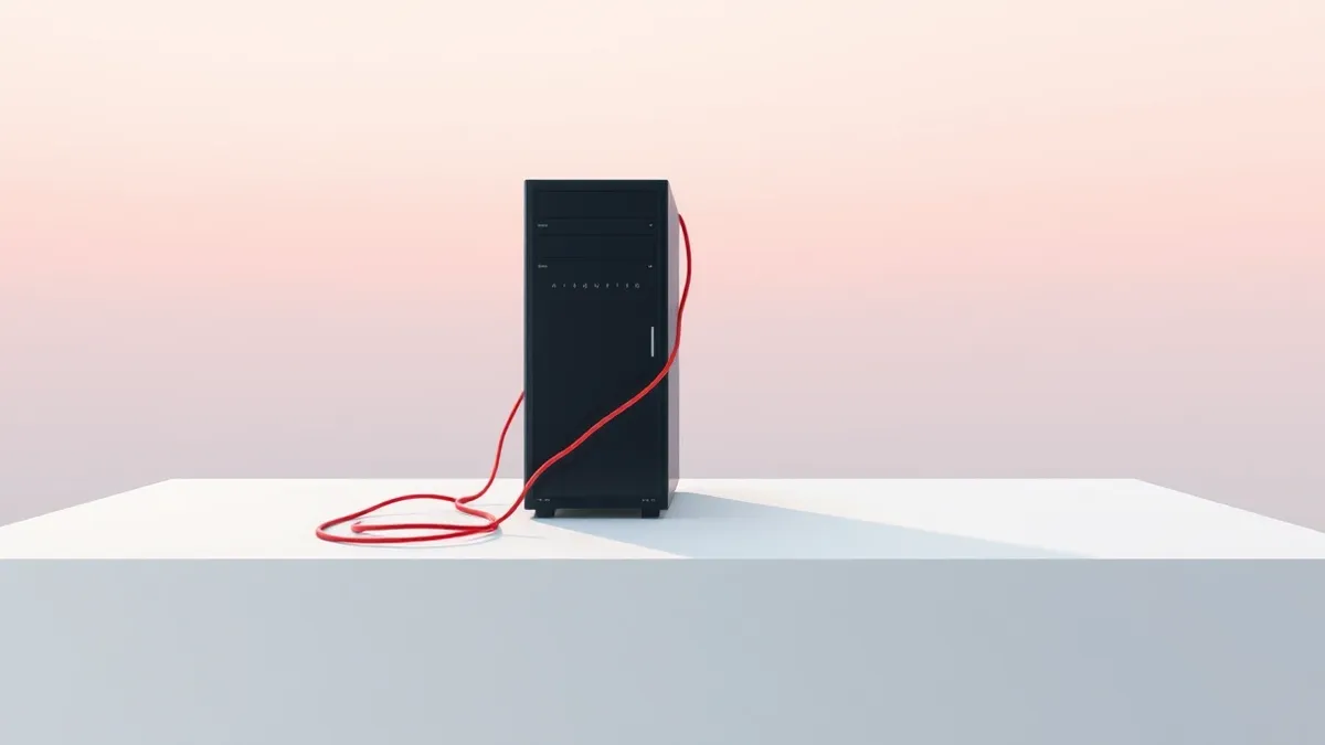 Illustration: A sleek, generic server tower sits isolated on a clean white desk, its front panel displaying only blank status lights.