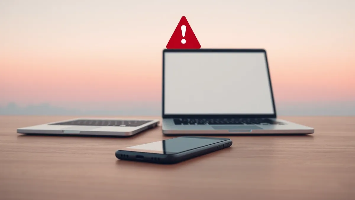 Illustration: A sleek smartphone lies on a wooden desk beside an open laptop displaying a blank browser window.