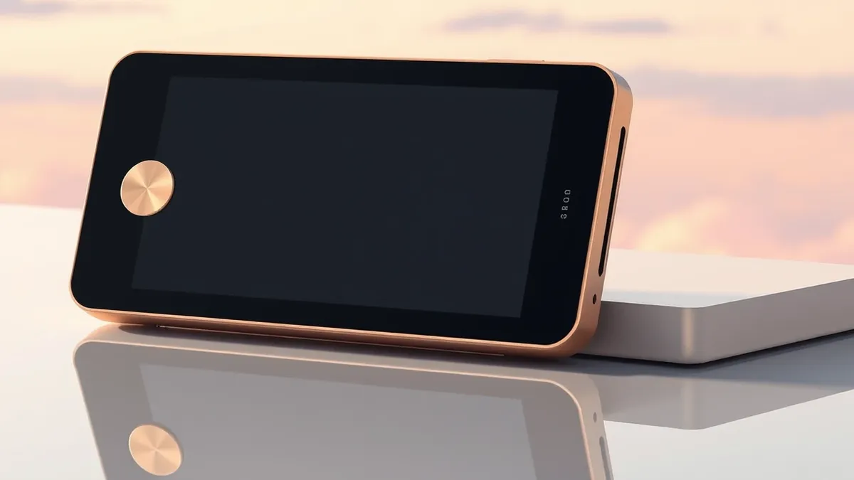 Illustration: A sleek rectangular portable music player rests on a polished surface.