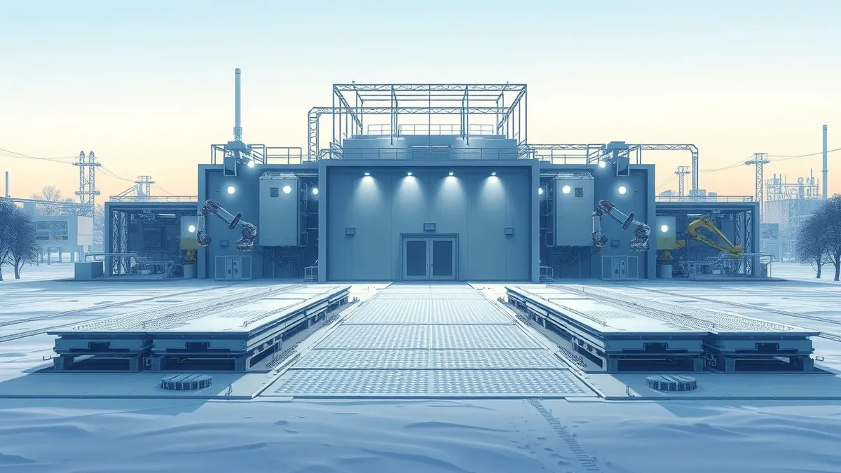 Illustration: A vast modern industrial complex sits in a snowy New York landscape.