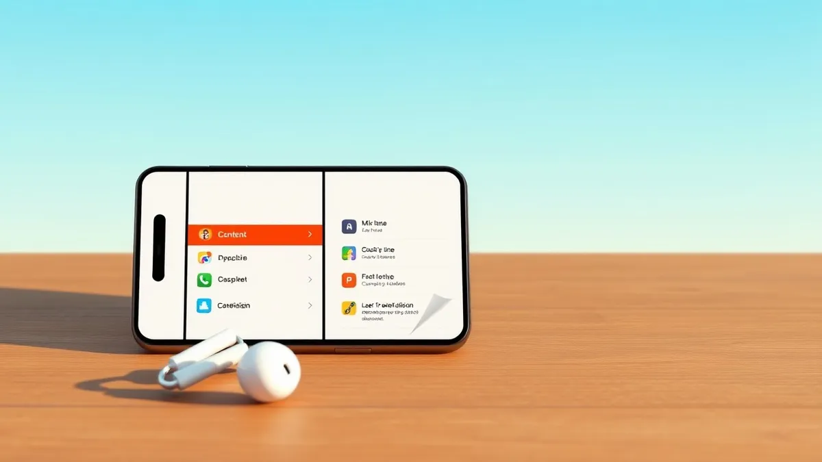 Illustration: A smartphone rests on a wooden desk beside a pair of white earbuds.