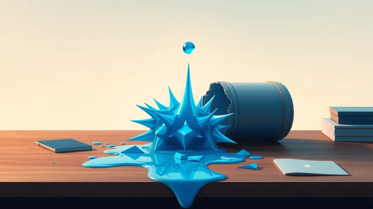Illustration: A cracked open database cylinder sits on a wooden desk, spilling glowing blue liquid that forms sharp, jagged spikes.