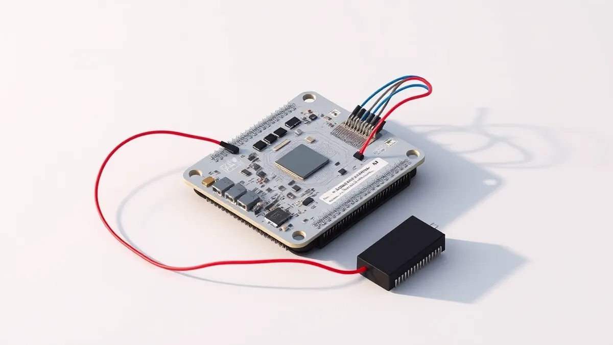 Illustration: A sleek silver microcontroller board rests on a clean white surface, connected by thin red and blue wires to a small black power module.