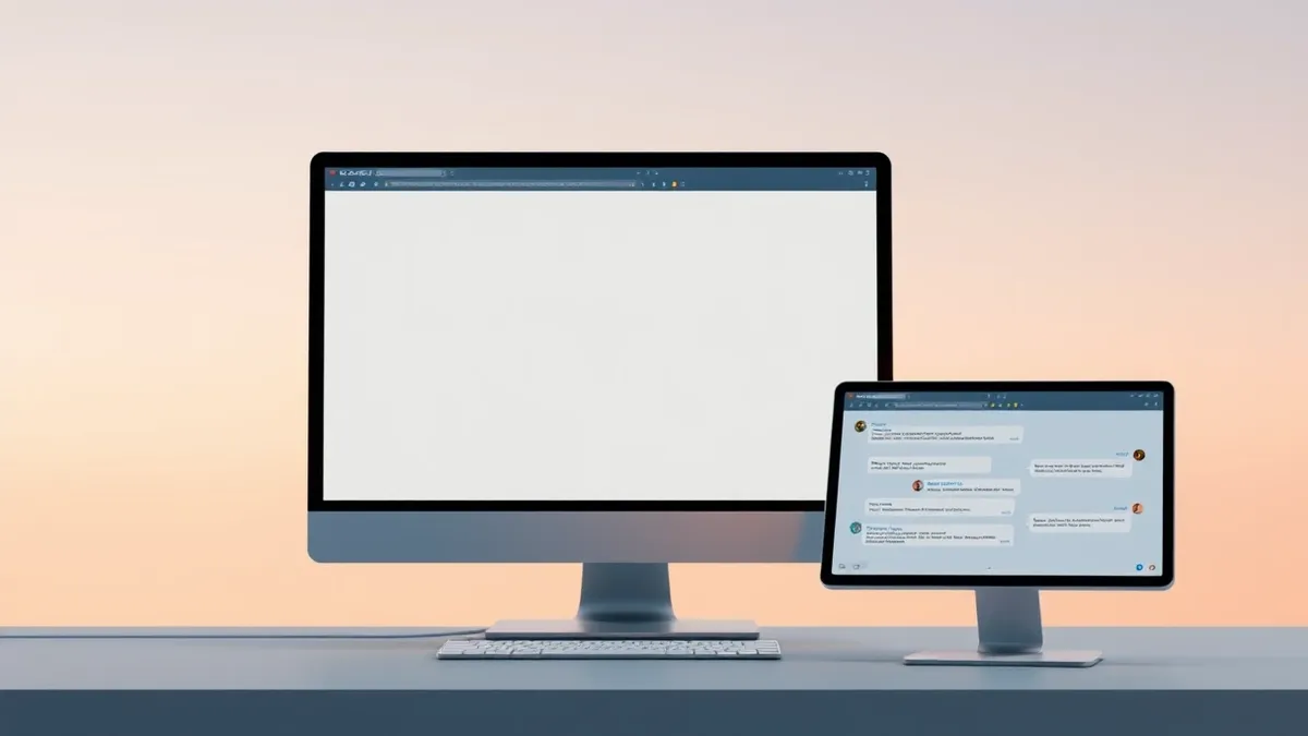 Illustration: A desktop monitor displays a blank web browser window with a simple abstract layout, while a nearby tablet screen shows an empty messaging interface with generic chat