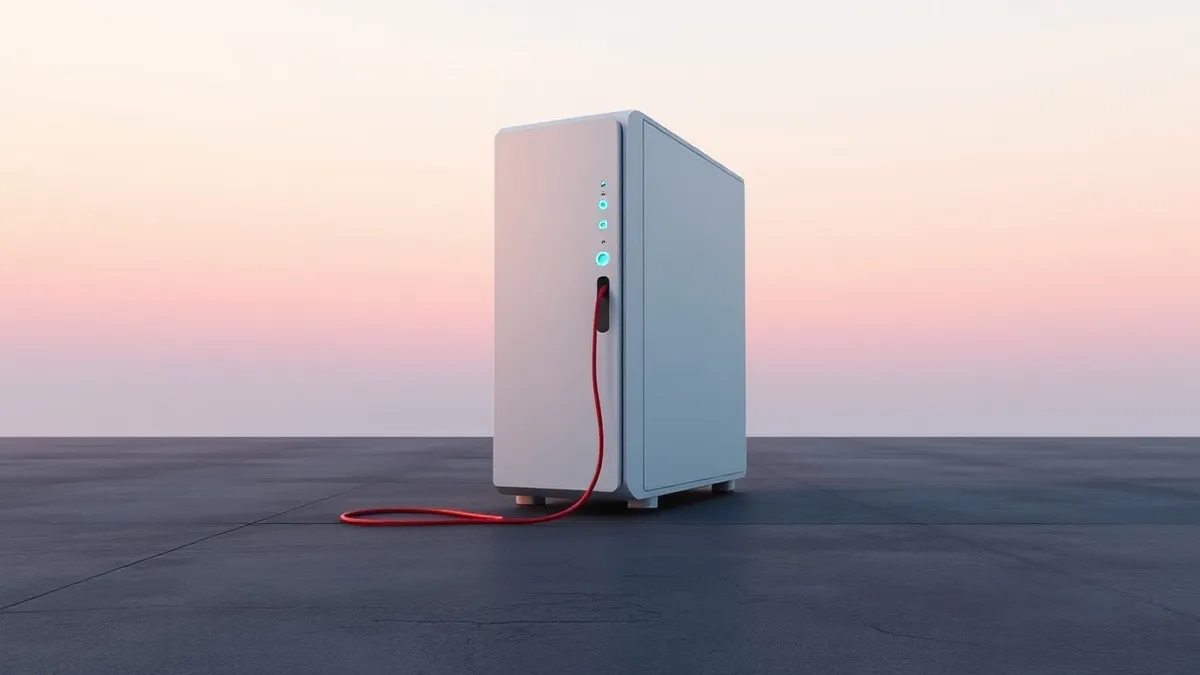 Illustration: A sleek white tower server sits isolated on a dark concrete floor.