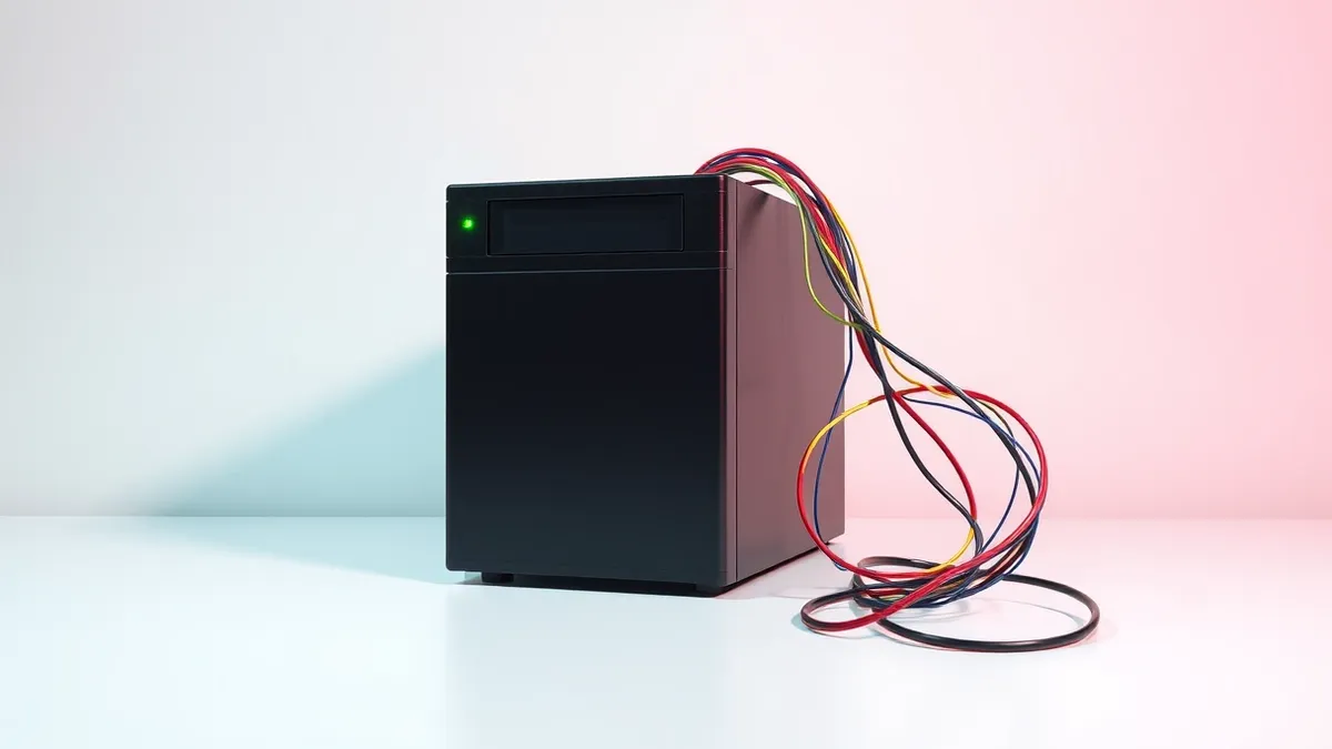 Illustration: A sleek black database server sits isolated on a clean white desk.