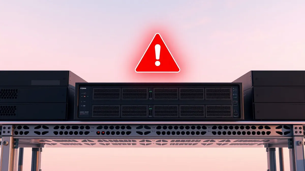 Illustration: A sleek black network appliance sits on a metal server shelf with blank front panels and small indicator lights.