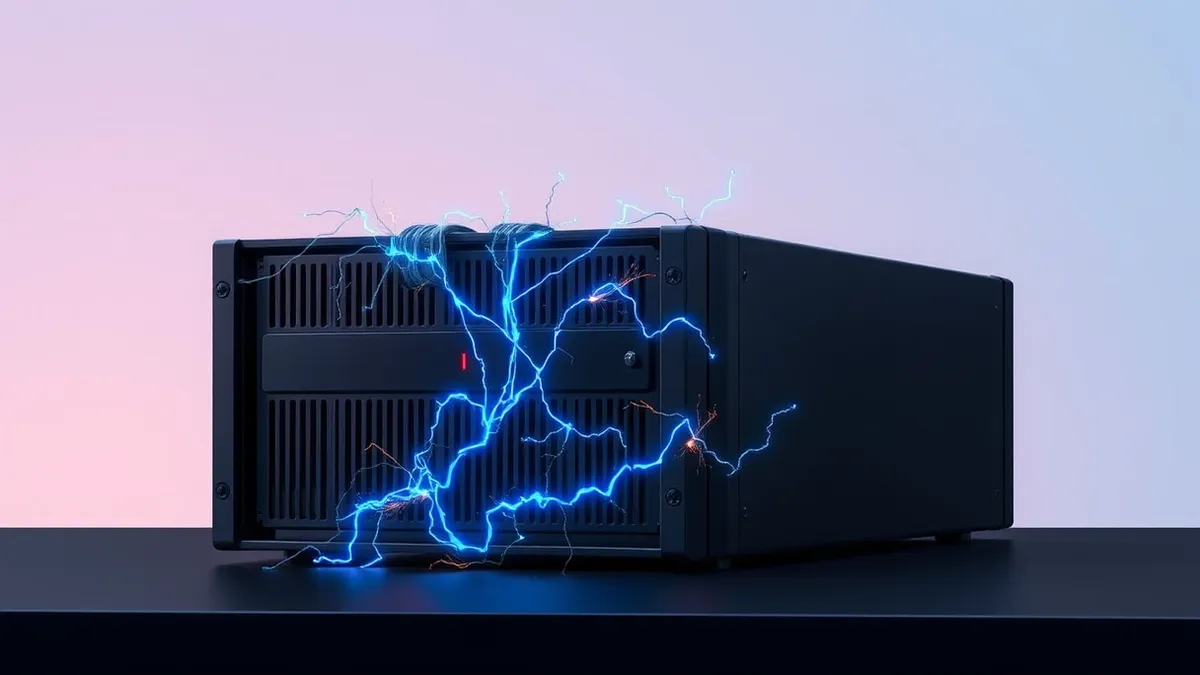 Illustration: A sleek black server blade sits isolated on a dark desk, its front panel glowing with a single urgent red status light.
