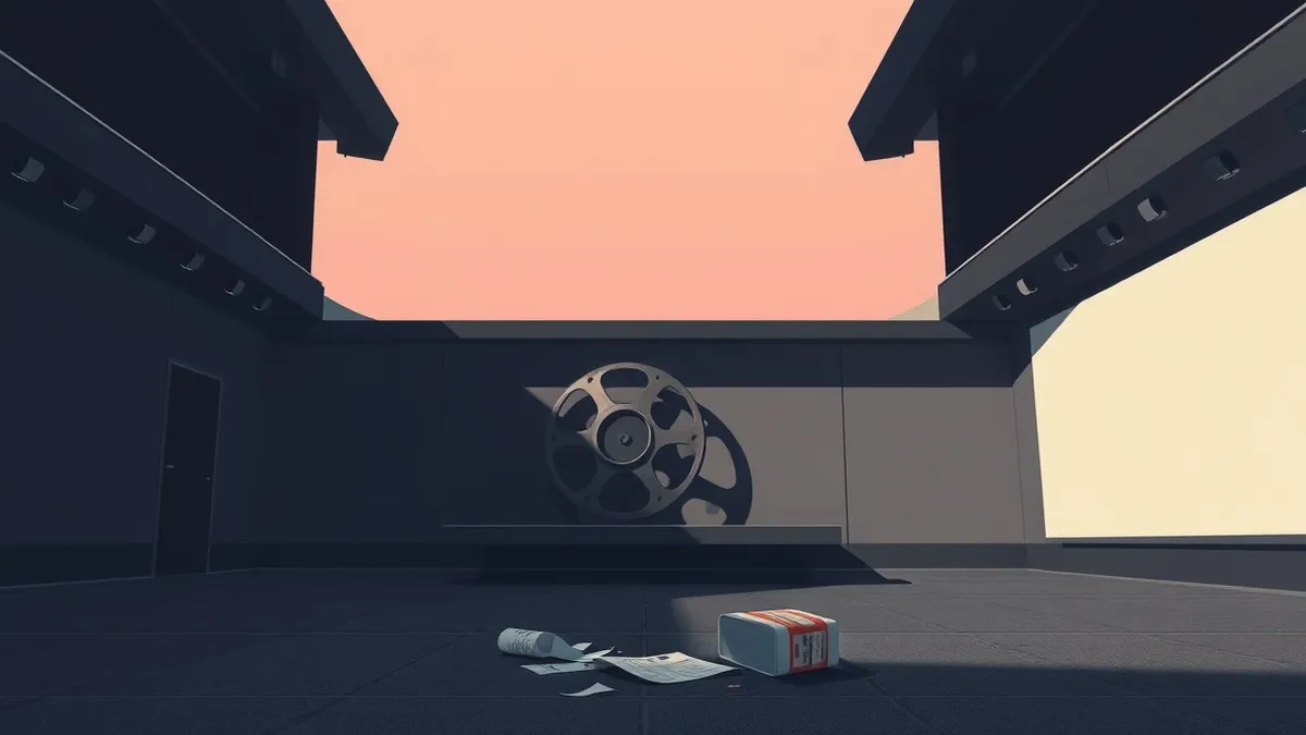 Illustration: A dark theater lobby features a single film reel resting on a dusty shelf.