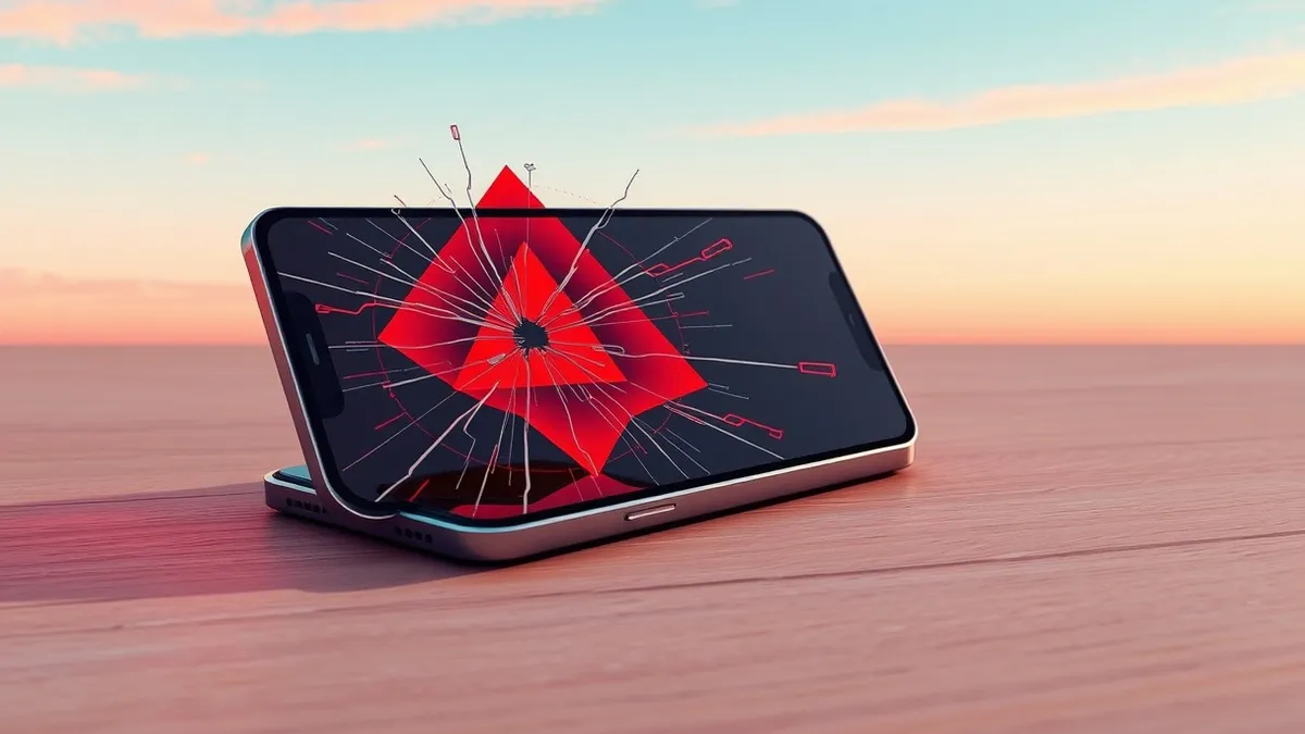 Illustration: A cracked smartphone screen lies on a wooden surface, its reflection showing abstract red warning shapes and swirling data streams that suggest hidden theft of digita