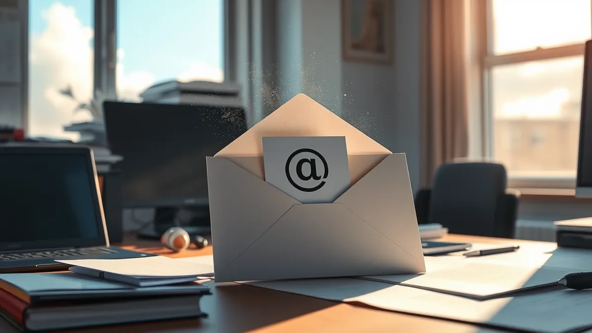 Illustration: A white envelope rests on a cluttered office desk, its flap slightly open to reveal a generic abstract icon inside.