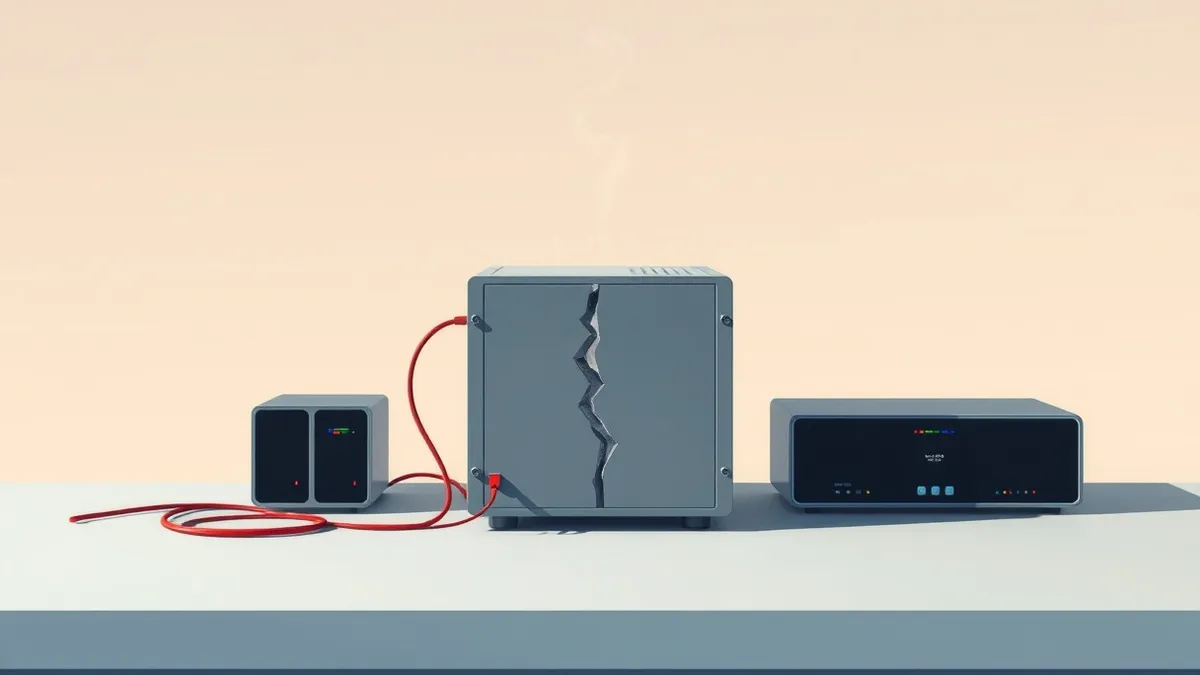 Illustration: A small server appliance sits on a clean desk with a single red cable unplugged from its back panel.