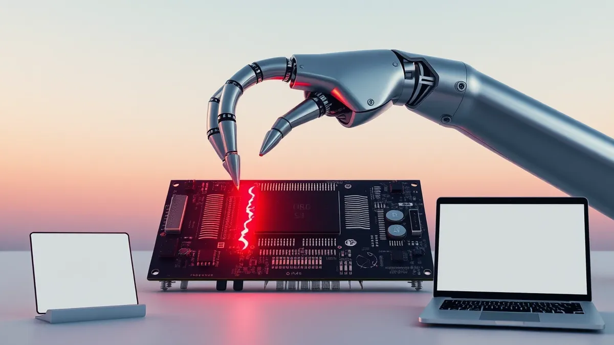 Illustration: A sleek silver robotic arm hovers precisely over a complex circuit board, its metal tip touching a glowing red fracture line that splits the microchip in half, illumi