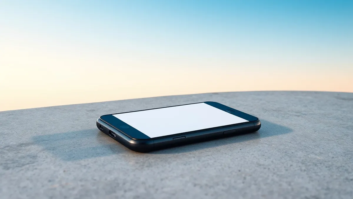 Illustration: A sleek black smartphone rests on a polished stone surface, its screen glowing with a clean interface of soft geometric shapes and rounded icons.