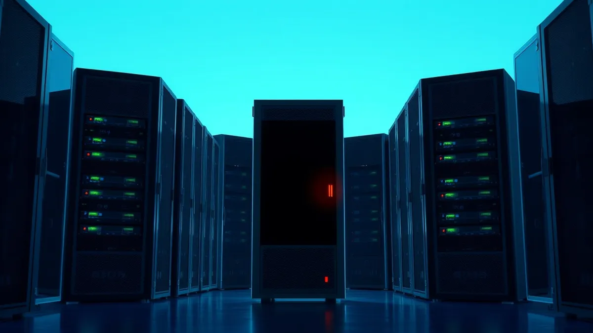 Illustration: A row of black server racks sits in a cool, blue-lit room.