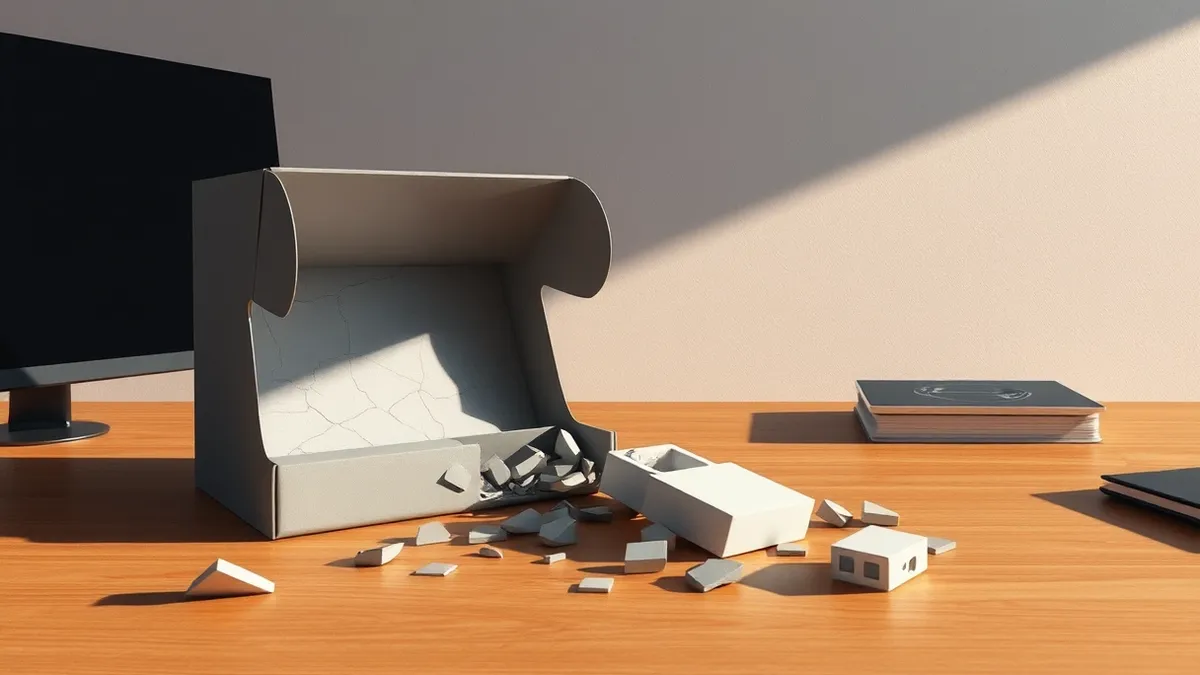 Illustration: A cracked gray software package box lies open on a wooden desk, spilling broken geometric fragments onto the surface.