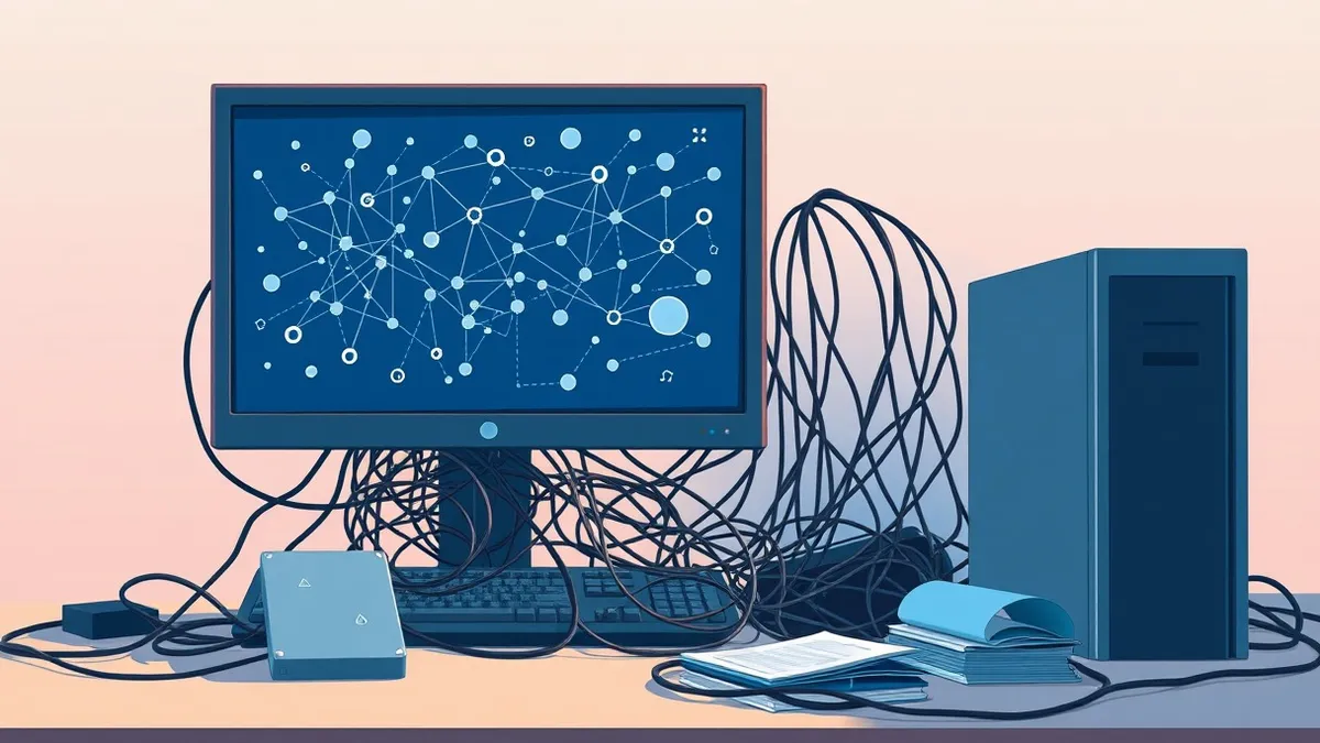 Illustration: A cluttered desk holds a powerful desktop computer with tangled cables.