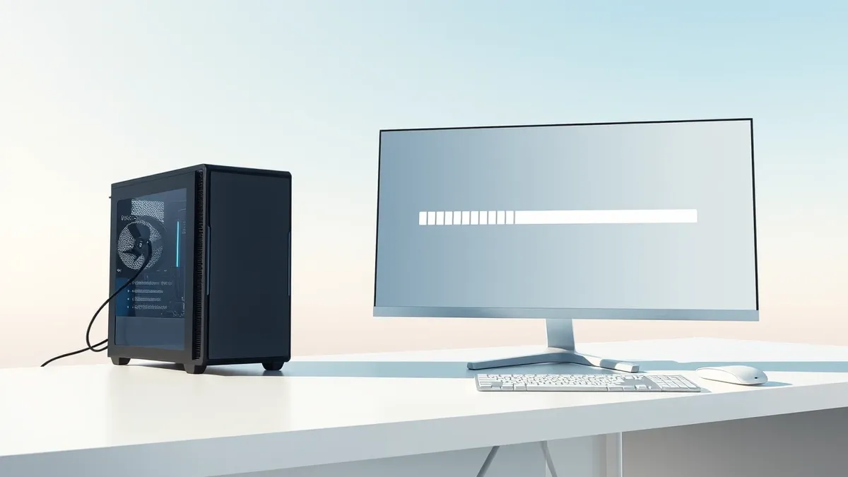 Illustration: A sleek black computer tower hums on a clean white desk, its cooling fans spinning rapidly to dissipate heat.