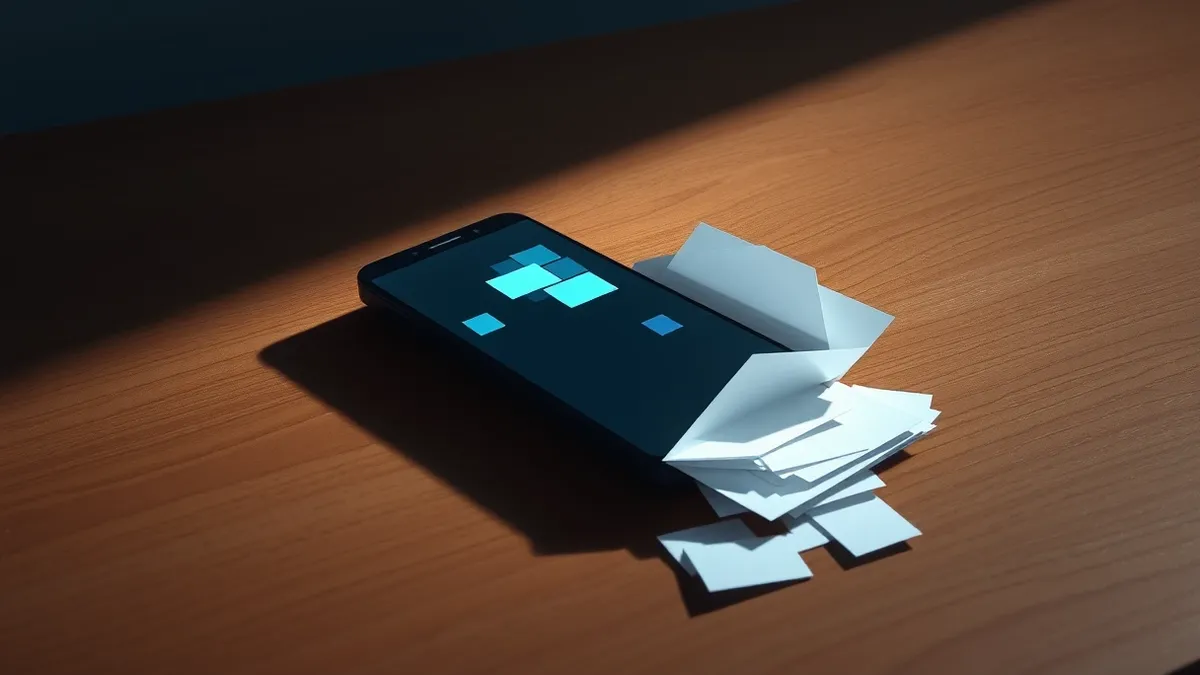 Illustration: A single smartphone rests on a wooden desk, its screen glowing with abstract geometric blocks representing digital data.
