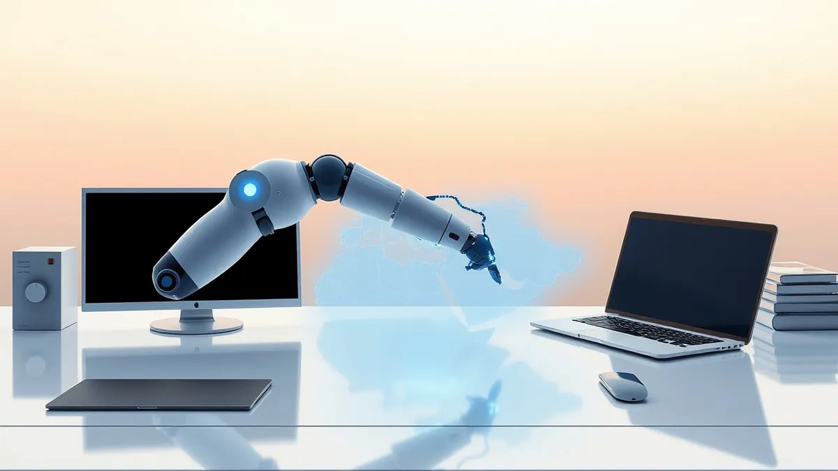 Illustration: A sleek white industrial robot arm rests on a polished desk beside a stylized map of the Middle East.