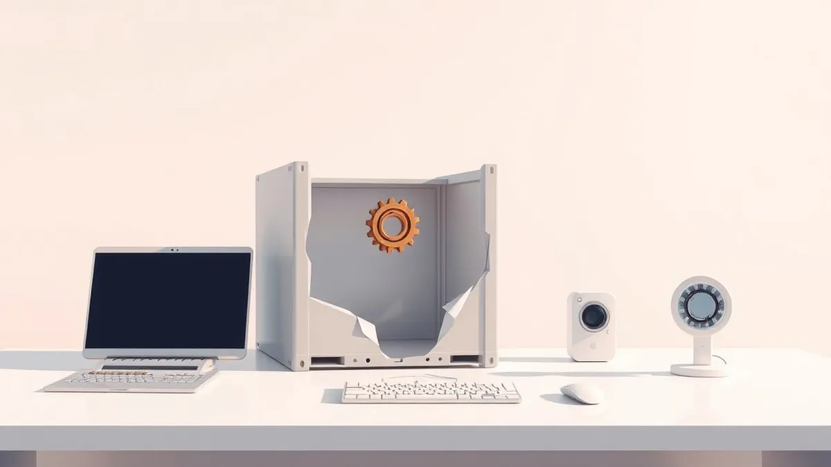 Illustration: A stylized software container sits cracked open on a sterile desk.