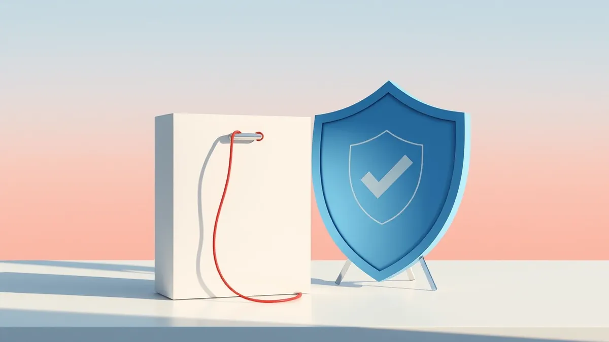 Illustration: A clean white software package box sits on a desk next to a sleek blue shield bearing a checkmark.