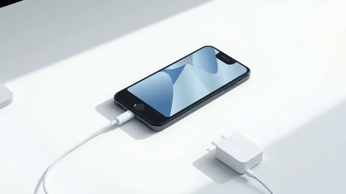 Illustration: A sleek black smartphone rests on a clean white desk, its screen displaying abstract geometric shapes in soft blue and gray tones.