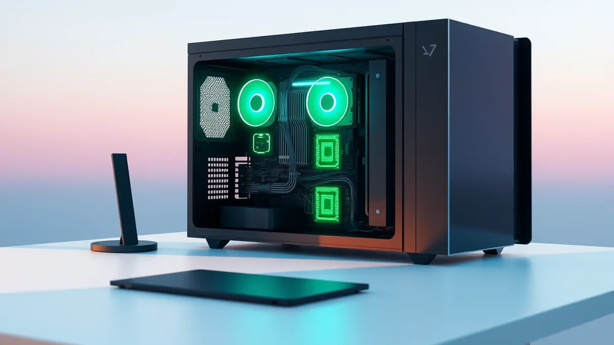 Illustration: A sleek black desktop computer sits on a clean white desk, its side panel removed to reveal glowing green silicon chips inside.
