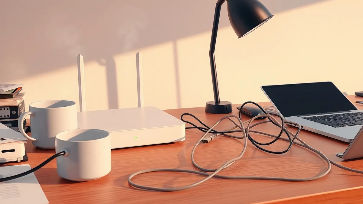 Illustration: A sleek white router sits on a cluttered wooden desk next to a steaming coffee mug.