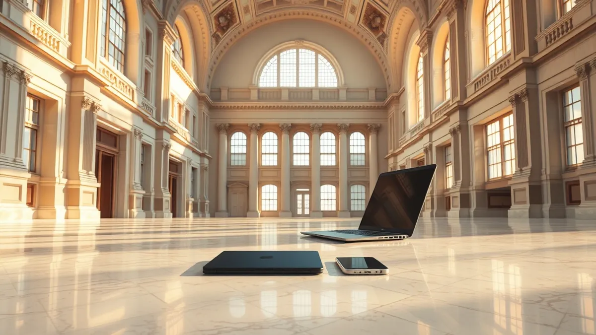 Illustration: A sleek black laptop and a white smartphone rest on a polished marble floor inside a grand, empty ballroom with high arched ceilings.