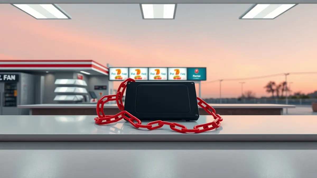 Illustration: A generic fast food service counter stands empty under bright lights, with a sleek black hard drive resting on the polished surface.