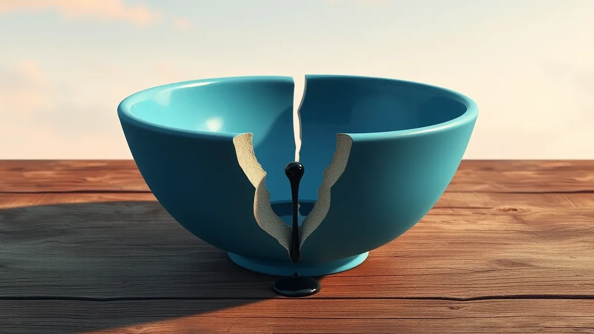 Illustration: A cracked blue ceramic bowl rests on a weathered wooden table, its sharp jagged edges exposing the hollow interior.