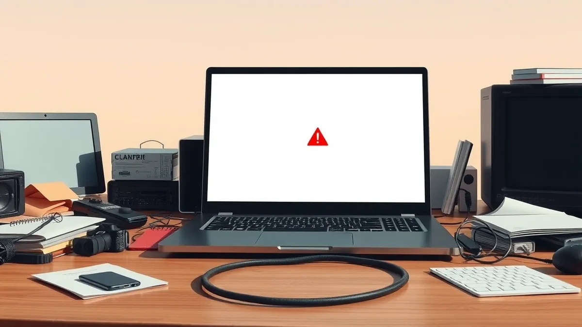 Illustration: A sleek black laptop sits open on a cluttered wooden desk.