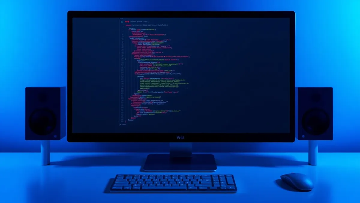 Illustration: A single computer monitor displays a blank code editor window with a red cursor blinking on a dark background.