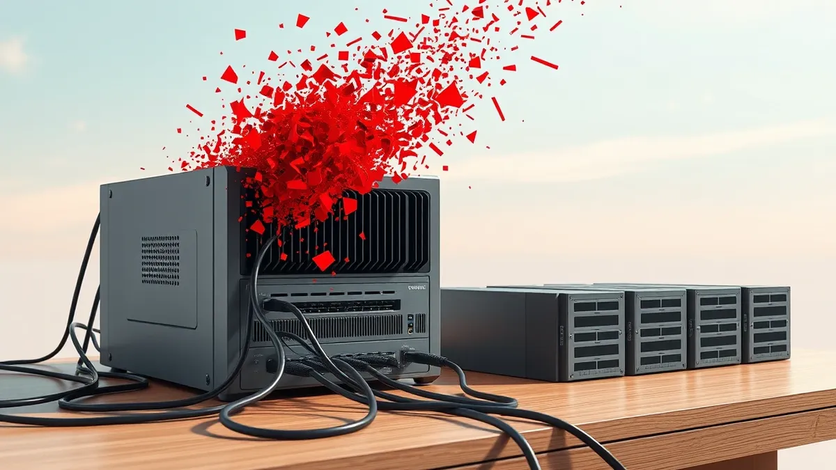 Illustration: A gray network security appliance sits on a wooden desk, connected to tangled black cables.