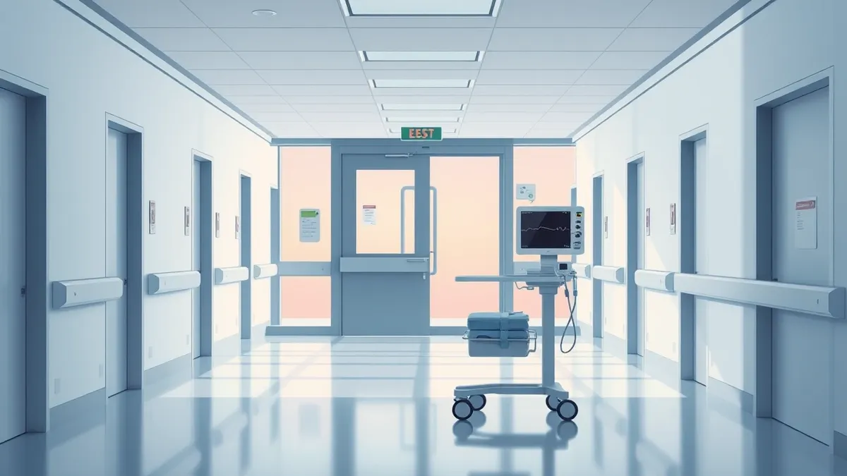 Illustration: A sterile hospital corridor with a locked automatic door preventing access to the emergency ward.