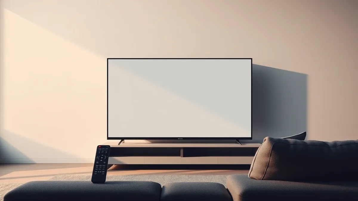 Illustration: A sleek smart television sits in a dim room, displaying a blank interface with simple abstract icons arranged in a grid.
