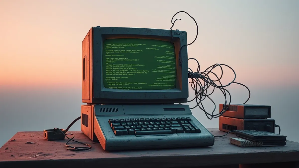 Illustration: A weathered computer terminal sits on a dusty desk, its screen glowing with abstract, tangled lines of code that snake out of the monitor and coil around the keyboard