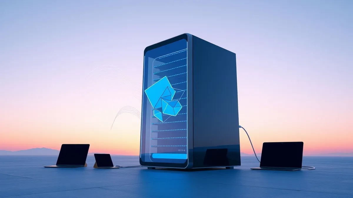 Illustration: A sleek, minimalist server node pulses with rapid, rhythmic blue light, representing high-speed processing.