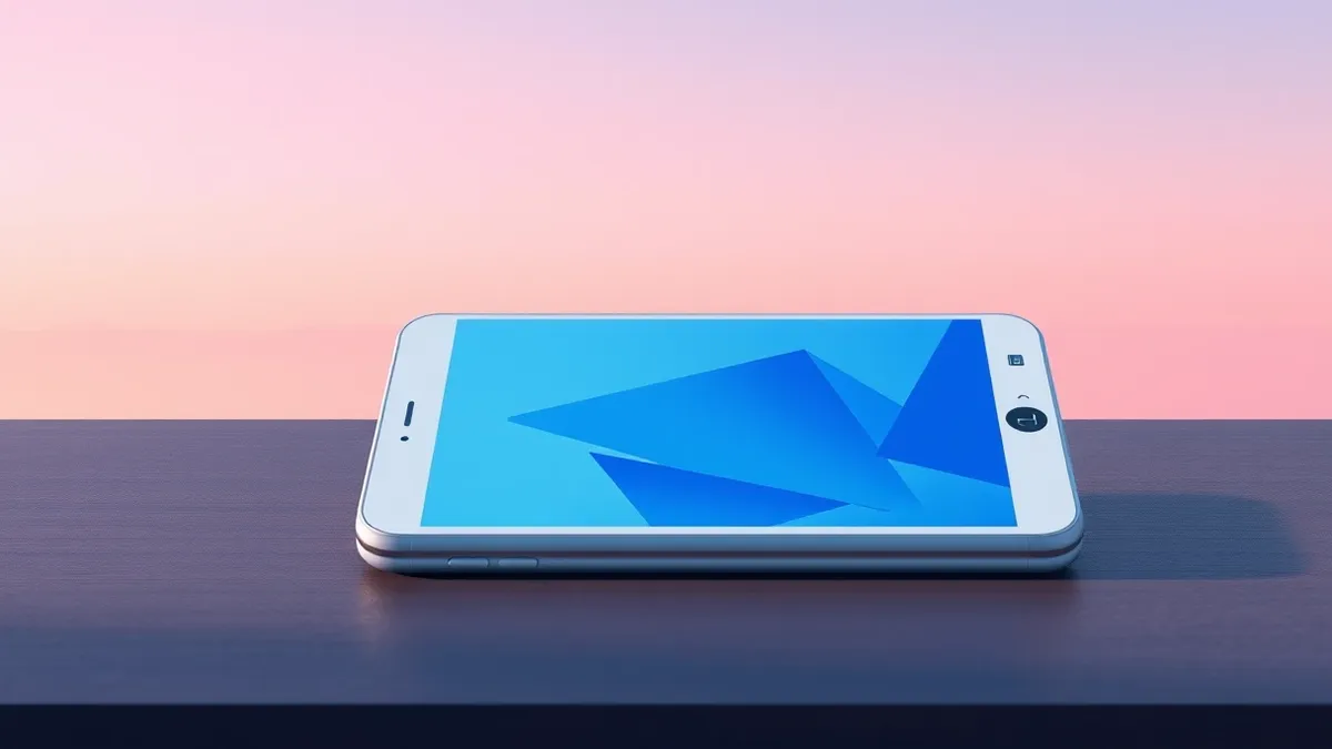 Illustration: A sleek white smartphone rests on a dark wooden table, its screen displaying only abstract blue geometric shapes.