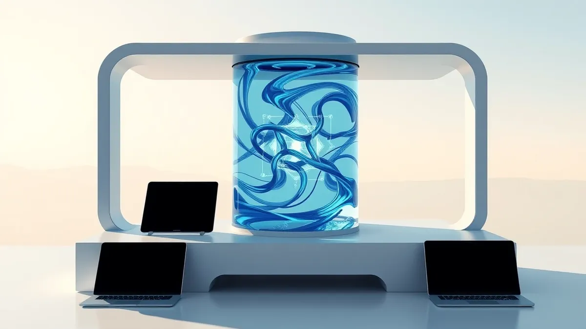 Illustration: A sleek, cylindrical bioreactor sits on a sterile white laboratory bench, its transparent chamber filled with swirling, iridescent blue fluid.