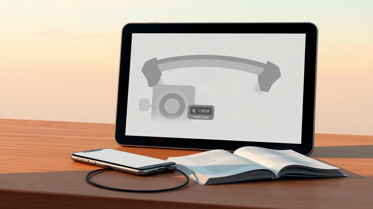 Illustration: An old tablet sits on a wooden desk, its screen displaying a simplified car dashboard interface with large abstract map shapes and media controls.