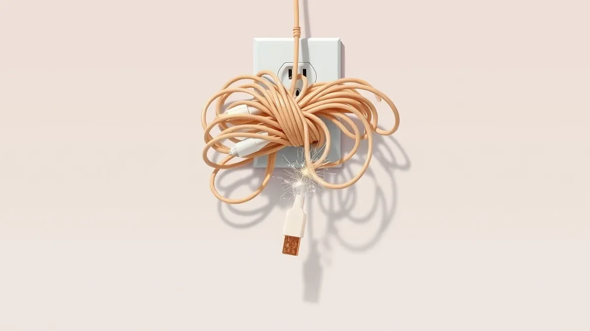Illustration: A tangled knot of beige and white electrical cords hangs from a wall outlet, with one cord severed cleanly in the middle.