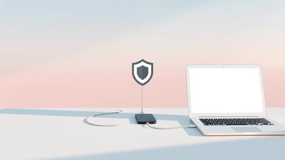 Illustration: A sleek black smartphone and a white laptop sit on a clean desk, connected by a thin silver cable to a central hub.